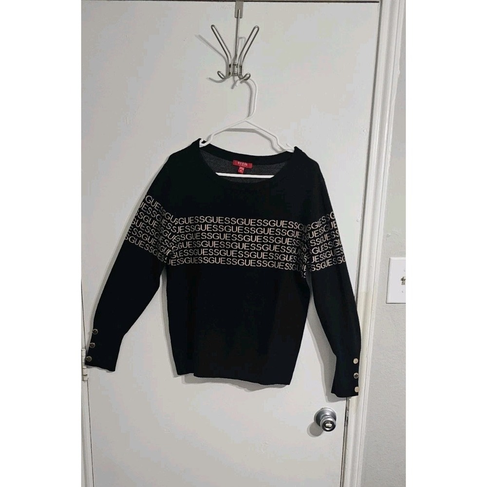 GUESS Los Angeles All Over Logo Print Sweatshirt Black XL Gold Buttons‎ Preppy